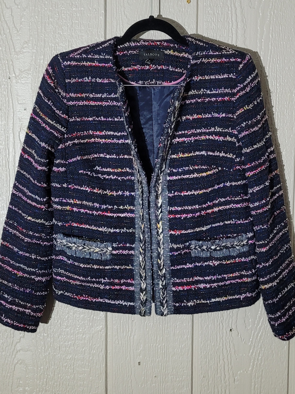 Talbots Navy Tweed Striped Open-Front Jacket